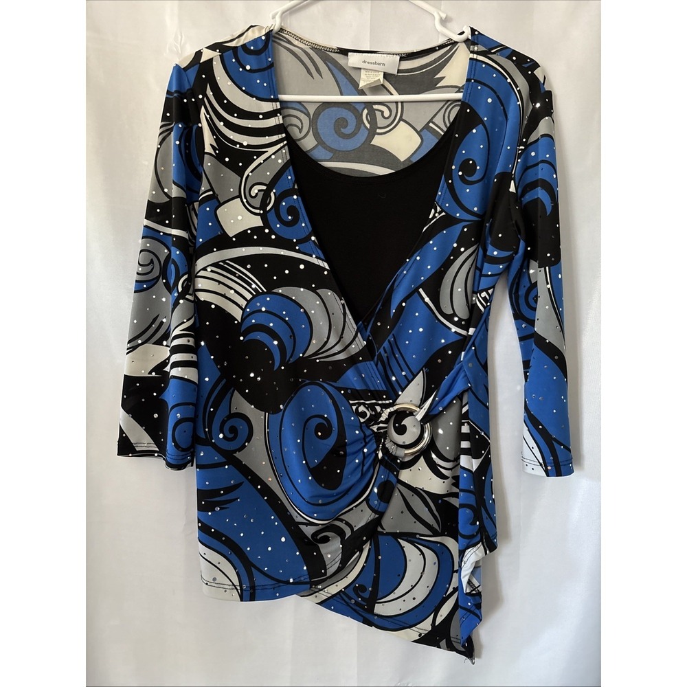Blue Sparkle 2 Fer Geometric Print Stretchy Blouse O Ring  Asymmetrical Size S